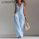 Spring Sexy High Waist Pocket Long Jumpsuit Casual V Neck Button Boho Playsuit Woman New Sleeveless Summer Beach Romper Overalls