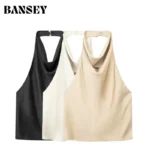 Women's Satin Halterneck Tank Top Backless Button Detail Sexy Flowing Camis Fashionable Athleisure Wear