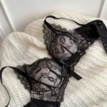 2026 Top Sale High Quality Wireless Bra Set French Lace Bow Contrast Color Push Up Thick Padded No Gap Women Lingerie Set