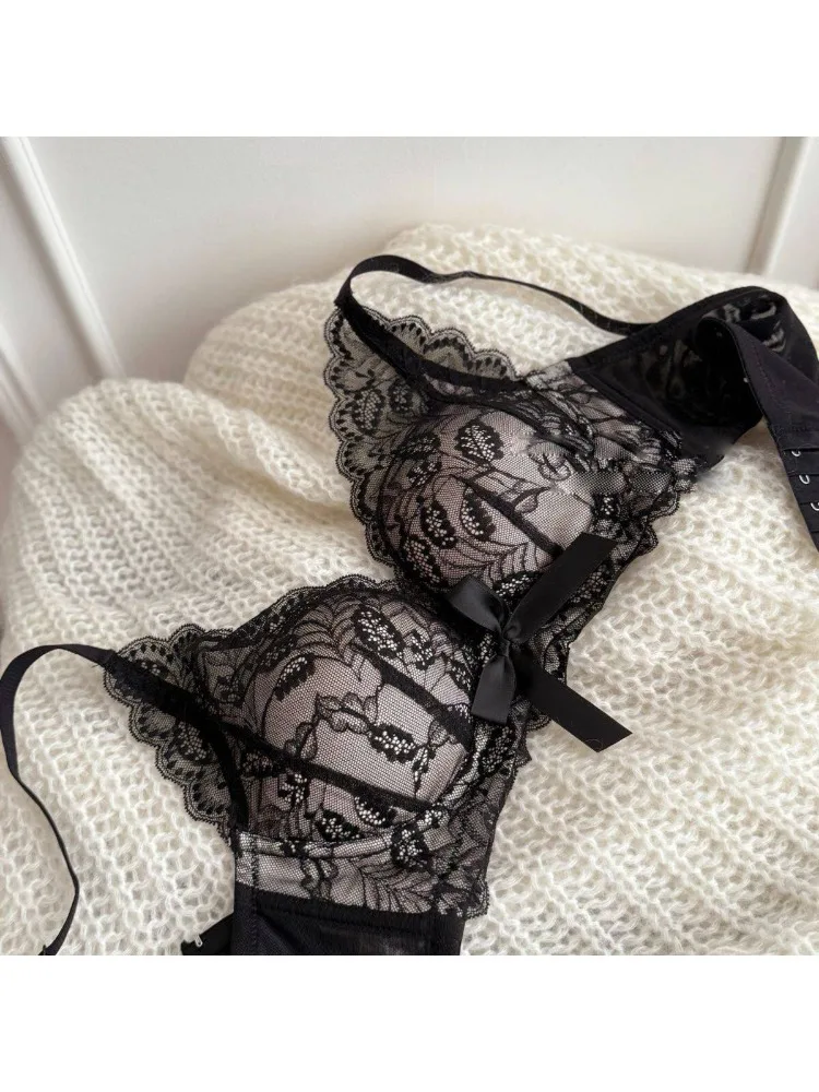 kf-Sf7f1a0ef918e49e2b9fc22f52583d382q 2026 Top Sale High Quality Wireless Bra Set French Lace Bow Contrast Color Push Up Thick Padded No Gap Women Lingerie Set - Image 1