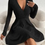 New for autumn/Winter 2024 Women Knit Slim Sexy Bodycon Dress V-Neck Long Sleeve Dress Solid Casual Midi Sweater Dress