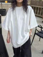 HanOrange 2025 Spring Simple Basic Solid Drop Shoulder T-shirt Casual 100% Cotton Tees Top White/Black/Light Blue/Red