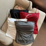 Women Cropped Top Vest Sleeveless Tees Tank Tops Camisole Solid Color Casual Spaghetti Strap Slim Fit Built In Bra