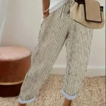 European and American Cross border Women's Summer New Fashionable Loose Stripe Printed Elastic Waist Drawstring Casual Pants