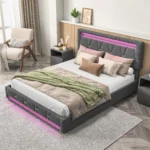 Anajqaqia 140×200/160×200 cm Upholstered Double Bed, Bed Frame with LED Light Strip and 4 Storage Drawers, Linen Fabric, Grey - Image 2