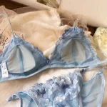Women Sexy Triangle Cup Lingerie French Ultra Thin Lace Flowers Embroidery Bra Set Young Girl Padded Brassiere and Panties Sets - Image 4