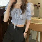 Off Shoulder Lace Up Bow Crop Top Blouse Women Summer Shirring Puff Short Sleeve Female Shirts Sweet Ruffle Tunic Korean Fashion - Image 6