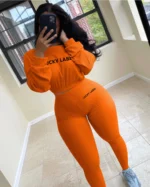 Letter Printed Embroidery Women Two Piece Ribbed Tracksuits Fall Spring Long Sleeve Sweatshirt and Skinny Pants Set - Image 3