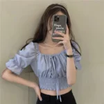 Off Shoulder Lace Up Bow Crop Top Blouse Women Summer Shirring Puff Short Sleeve Female Shirts Sweet Ruffle Tunic Korean Fashion - Image 2