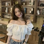 Off Shoulder Lace Up Bow Crop Top Blouse Women Summer Shirring Puff Short Sleeve Female Shirts Sweet Ruffle Tunic Korean Fashion - Image 3