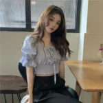Off Shoulder Lace Up Bow Crop Top Blouse Women Summer Shirring Puff Short Sleeve Female Shirts Sweet Ruffle Tunic Korean Fashion - Image 4