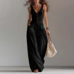 Spring Sexy High Waist Pocket Long Jumpsuit Casual V Neck Button Boho Playsuit Woman New Sleeveless Summer Beach Romper Overalls - Image 2