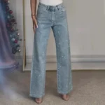 2025 Women Jeans Straight Diamonds Pants Stretch High Waist Washed Mom Jeans Y2k Streetwear Trousers Vintage Denims Streetwear - Image 4
