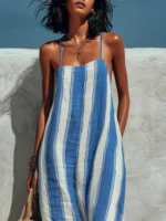 Women Fashion Off Shoulder Pocket Wide Leg Jumpsuit Casual Backless Hollow Beach Romper Striped Printed Camisole Summer Playsuit - Image 2