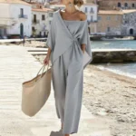 Fashion Streetwear Jumpsuits for Woman Spring Off Shoulder Batwing Sleeve Wrap Tie Waist Rompers Elegant Wide Leg Overalls Mujer - Image 2