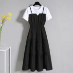 2024 Fashion Strap Fake Two piece Dress Block Summer Short sleeved Dress Women's Waist Tight Dress - Image 3