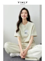 VIMLY Sporty Blouse Matching Sets For Women Summer Simple Loose Printed Top+Casual Elastic Waist Wide-Leg Pants Two Piece Set - Image 4