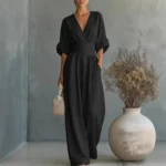 2026 Spring Deep V Neck Women's Jumpsuits Elegant Solid High Waist Rompers Casual Wide Leg Pants Pocket Overalls Vacation Outfit - Image 4