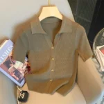 Knitted Polo Shirt Women's Summer Cardigan Short Sleeve T-Shirt Casual Fashion Short Sleeve Tops Knitwear 2025 Korean Clothing - Image 2