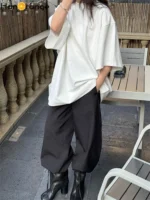 HanOrange 2025 Spring Simple Basic Solid Drop Shoulder T-shirt Casual 100% Cotton Tees Top White/Black/Light Blue/Red - Image 3