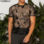 2023 Men T Shirt Mesh Striped O-neck Short Sleeve Transparent Men Clothing Streetwear Sexy Korean Fashion Tee Tops S-5XL INCERUN - Image 5