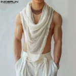 INCERUN Men Irregular Tank Tops Solid Color Turtleneck Sleeveless Transparent Vests Summer Streetwear 2024 Fashion Men Clothing - Image 2