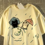 Loose Soft T-shirt with A Cute Black and White Japanese Cat Pattern A Summer Short-sleeved Top Women Clothing Graphic Tshirts - Image 2