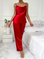Summer solid color sexy casual comfortable women's pajamas set suspenders trousers two-piece set - Image 3