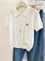 Trendy Versatile Casual Tee 2026 Summer New Women Gray Knitted Polo Neck T-shirt Cute Bow Embroidery Short Sleeve Tops - Image 4