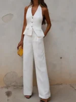 MUJER Pants Sets For Women 2 Pieces Off Shoulder Sleeveless Vest Woman Outfit Fashion Wide Leg Pants Elegant Casual Women's Set - Image 4