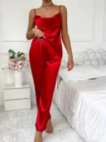 Summer solid color sexy casual comfortable women's pajamas set suspenders trousers two-piece set - Image 4
