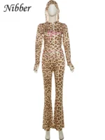 Nibber Leopard Print 2 Piece Set Women's Autumn Tracksuit Athleisure Hooded Crop Jacket + Flared Pants Stretch Matching Suit - Image 6