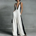 Spring Summer Sleeveless Straps Vacation Jumpsuit Woman Sexy Deep V Neck Hollow Rompers New Elegant Striped Print Beach Overalls - Image 3