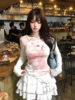 Y2k Cat Print White Off shoulder Long sleeve T shirt Women Front Pink Lace Bow Tied Basic Tops Lady Slim fit Korean Chic Tees - Image 3