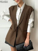 ZANZEA Autumn Women Blazer Vest Sleeveless Fashion Lapel Collar Waistcoat Elegant Lace Up Korean Tank Jackets Oversized Outwears - Image 2
