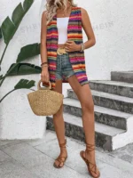 Women's Boho Colorful Geometric Jacquard Sleeveless Vest - Open Front Mid-Long Cardigan for Beach Vacation, Casual & Bohemian - Image 6