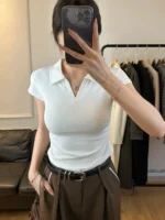 Cotton Summer Sexy Women's T Shirt Skinny Slim Basic Solid Crop Top Short Sleeve Polo TShirtCasual Top Tee for Women - Image 2