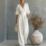 2026 Spring Deep V Neck Women's Jumpsuits Elegant Solid High Waist Rompers Casual Wide Leg Pants Pocket Overalls Vacation Outfit - Image 2