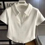 Loves Embroidery T-shirt Polo Collar Orthoshoulder Slim Hotsweet Women's Crop Top Korean Fashion Hottie Simple Casual Wholesale - Image 6