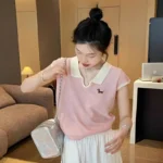 Women's Summer Knit Polo T-Shirt Contrast Color Collar Embroidery Ice Silk Top Slim Fit Short Sleeve Casual Blouse - Image 3