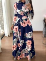 Women's Slim Dresses Casual Long Sleeve Round Neck Flower Printed Dress Strap Floor-Length Long Skirt Women's Clothing - Image 4