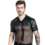 Sexy Men Fishnet T-Shirt PU Faux Leather Mesh Shirts See Through Tops Tee Transparent Short Sleeve Stage Clubwear - Image 3