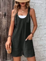Women's Casual Summer Short Rompers Loose Overall Solid Sleeveless Lace up Wide Leg Pant Tie Knot Strap Jumpsuits with Pockets - Image 5