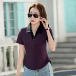 #0297 Cotton Short T Shirt Women Polo Neck Office T Shirt Female Short Sleeve Slim Sexy Red Gray Purple Womens Tee Shirts Summer - Image 3