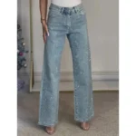 2025 Women Jeans Straight Diamonds Pants Stretch High Waist Washed Mom Jeans Y2k Streetwear Trousers Vintage Denims Streetwear - Image 5