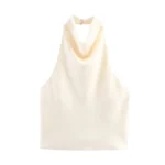 Women's Satin Halterneck Tank Top Backless Button Detail Sexy Flowing Camis Fashionable Athleisure Wear - Image 3