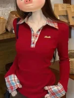 Preppy Polo Neck Plaid Long sleeve T shirt Women Fake Two-piece Basic Top V neck Button Blouses Tees Embroidery High-quality - Image 3
