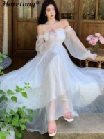 Horetong Elegant Maxi Dresses For Women White Off Shoulder Puff Long Sleeve Elastic High Waist Party Gown Ruffle Holiday Dress - Image 5