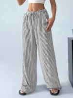 2025 Autumn New Cross border Women's Fashion Loose Striped Drawstring Elastic Waist and Floor Pants from Europe and America - Image 5