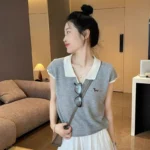 Women's Summer Knit Polo T-Shirt Contrast Color Collar Embroidery Ice Silk Top Slim Fit Short Sleeve Casual Blouse - Image 4